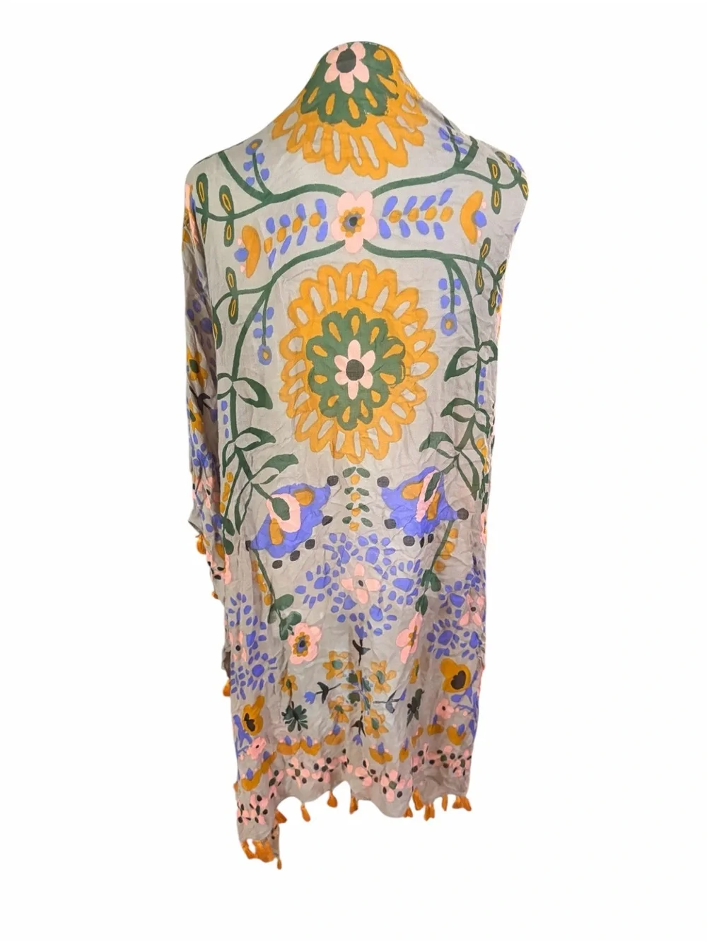 NATURAL LIFE Taupe Floral Open-Front Shawl with Orange Tassels